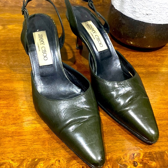 Jimmy Choo Shoes - Jimmy Choo woman’s Hunter green leather sling back heels pumps shoes Sz 36 5 1/2